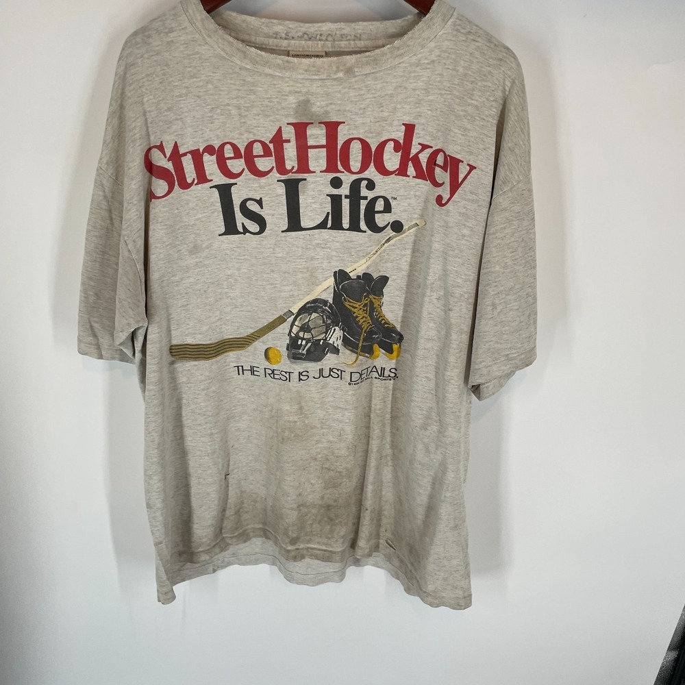 Vintage 90s Big Ball Sports Street Hockey Is Life T-Shirt Gray Alore Mens XL
